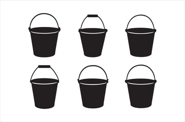 A collection of six black silhouette buckets arranged on a stark white background showcasing various forms