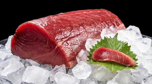 Fresh tuna sashimi on ice with green leaf