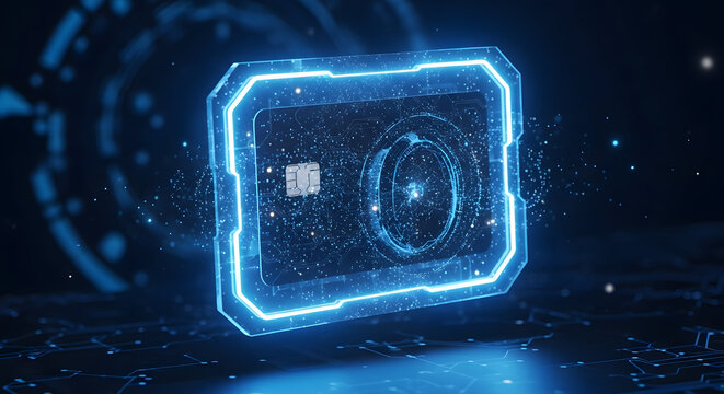 Secure digital payment processing concept with glowing futuristic credit card technology.
