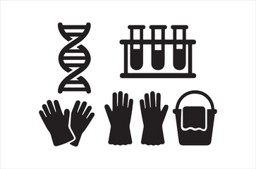 Black and white icons depicting genetics laboratory equipment and biosecurity measures high quality professional