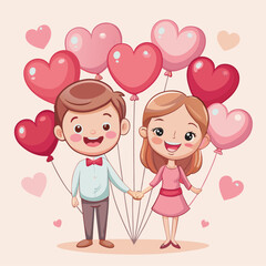 Romantic Cartoon Couple with Heart Balloons