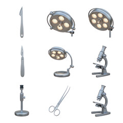 Collection Of Medical Surgical Instruments And Equipment Including Operating Lamps Microscopes And Scissors On A Transparent Background