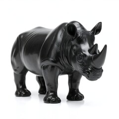 Fototapeta premium Glossy, black rhinoceros sculpture, standing proudly against a white background, displaying its large horn and textured skin detail