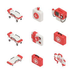 A set of isometric medical illustrations featuring a stretcher, first aid kits, a defibrillator, and a medical bag. All rendered in red and white on a clean white background.