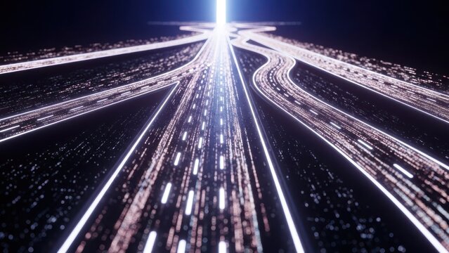 Abstract view of luminous roads converging and diverging towards a bright, central light source