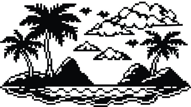 Pixel Art 1-Bit Tropical Beach Island Nature Landscape Background