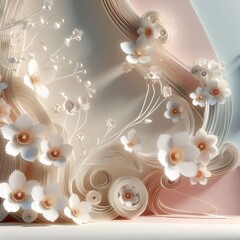 artistic 3D anime background, paper-textured flowers mixed with realistic depth, soft shadows, minimal pastel background