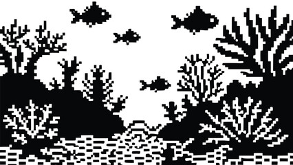 Pixel Art 1-Bit Underwater Coral Reef Ocean Background © revpy