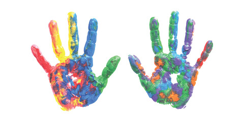 Fototapeta premium Colorful handprint art with vibrant rainbow colors for children's creativity and education projects