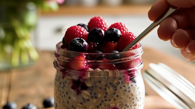 Healthy Overnight Oats with Fresh Berries in a Jar.