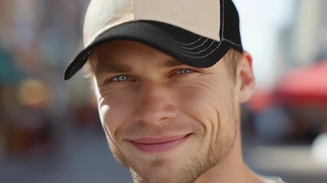 Handsome Young American Man with Blue Eyes Wearing a Beige Baseball Cap