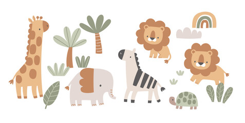 Fototapeta premium Cute Safari Animal Characters with palm trees and plants, Collection for Nursery and Kids Design, Minimal Scandinavian Style Vector Illustration