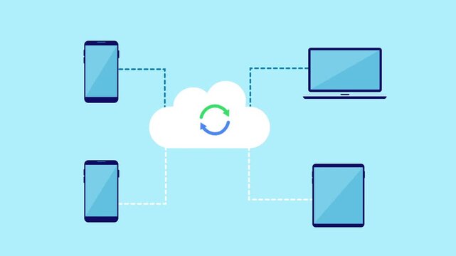 Flat vector illustration of a cloud with a sync icon connected to smartphones and laptops, representing cloud data synchronization across multiple devices on a light blue background.
