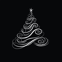 Stylized Christmas tree made of flowing white swirls with a star on top, ideal for holiday cards, festive branding, d&eacute;cor, posters or winter-themed designs