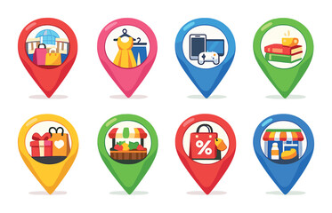 Colorful shopping icons on gradient background: commerce and retail concepts