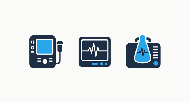 Medical Equipment Icons: Ultrasound Device, ECG Monitor, and Laboratory Testing Machine Illustrations