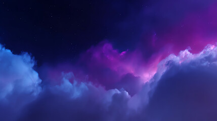 Vibrant cosmic clouds blend blue and purple hues with starry night sky, creating a dreamy nebula scene filled with soft light and ethereal atmosphere
