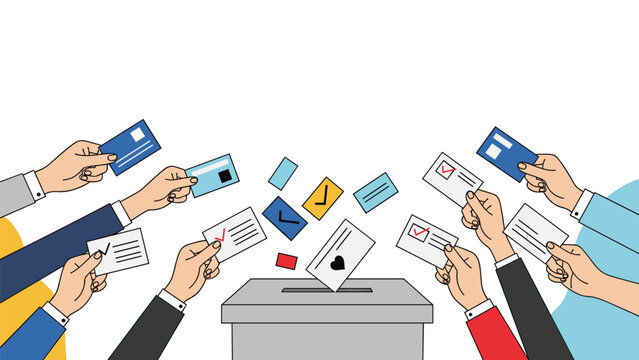 Many hands hold up voting ballots and drop them into a grey ballot box while participating in a democratic national election.