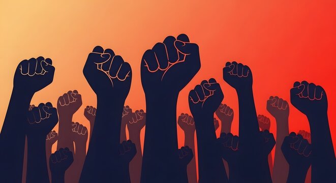 Raised fists in unity and solidarity against oppression