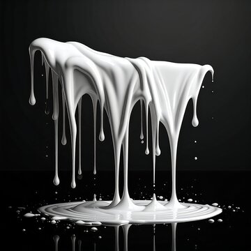 Glossy white viscous fluid drips dramatically from a smooth, undefined shape against a dark, reflective background