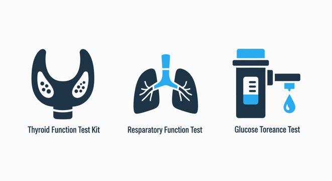 Medical test icons: thyroid function kit, respiratory function test, and glucose tolerance test, representing diagnostic health screening