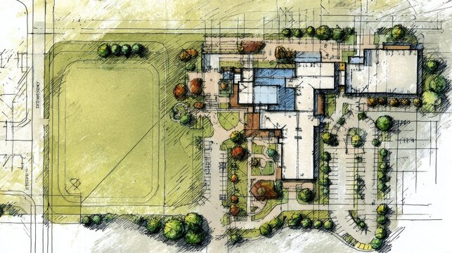 Architectural master plan illustration showcasing a detailed urban site layout. Integrating building structures. Landscape design. Park areas. Sports fields. Courtyards
