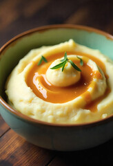 Creamy Mashed Potatoes Topped With A Pool Of Golden Gravy And Fresh Herbs In A Ceramic Bowl