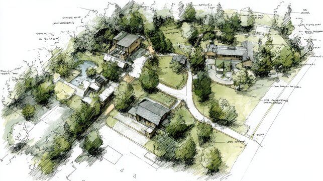 Architectural rendering of a master plan showing buildings, green spaces, water features, road network and natural vegetation in a sustainable residential development, aerial view