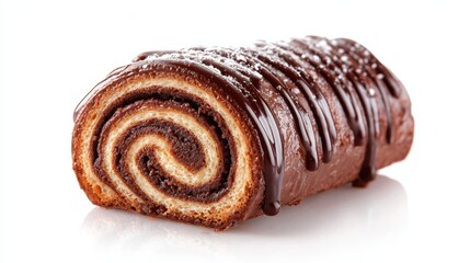 Fototapeta premium Chocolate roll cake, also known as a swiss roll, featuring a rich cocoa spiral filling, drizzling chocolate icing, and powdered sugar, creating a decadent sweet dessert pastry