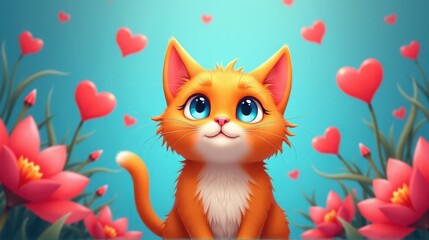 Fototapeta premium An adorable orange kitten surrounded by vibrant flowers and floating hearts, perfect for expressing love and affection.
