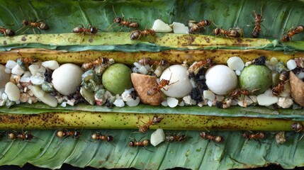 Ants on a banana leaf, arranged with nuts, seeds, and other food