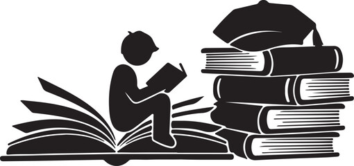 Child reading among stacks of books