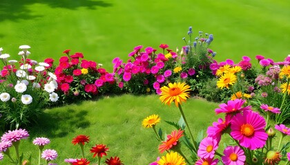 Obraz premium Vibrant flowers bloom in a lush green garden on a sunny day with lawn and plants.