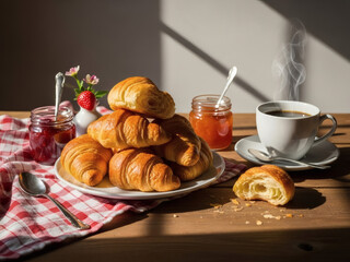 A Cozy Morning Breakfast Scene Featuring A Stack Of Golden Croissants On A White Plate Accompanied By Jars Of Jam A Steaming Cup Of Black Coffee And A Single Strawberry