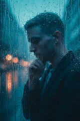Young man contemplating while standing behind wet glass in urban setting  