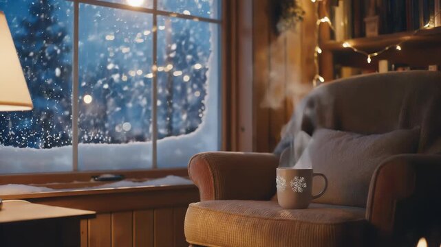 Cozy Winter Evening Scene with Steaming Mug by Snowy Window and Warm Fairy Lights