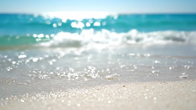 Warm ocean waves gently washing onto the pristine white sand beach under bright sunlight