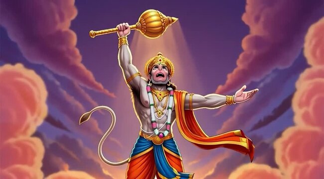 Lord Hanuman Blessing Pose in Night City &ndash; Hindu Deity Spiritual Illustration