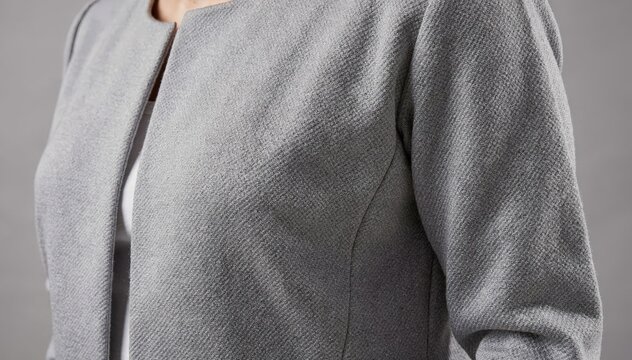 Closeup medium shot of ponte fabric jacket shell panels showing smooth firm weave ideal for comfortable yet structured knitwear.