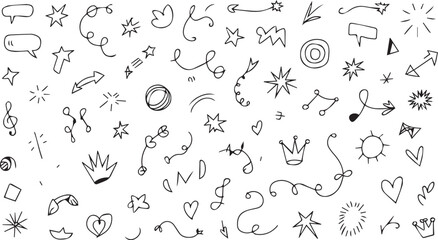 Naklejka premium Diverse black and white doodle elements: stars, arrows, swirls, hearts, crowns, and musical notes, perfect for adding flair to creative projects.