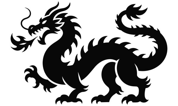 A striking black silhouette of a traditional welsh dragon with a long winding tail and claws