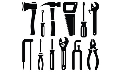 Obraz premium A collection of black silhouette hand tools including axes wrenches saws and screwdrivers high quality professional detailed