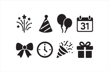 A collection of black silhouette icons representing various birthday and celebration elements high quality