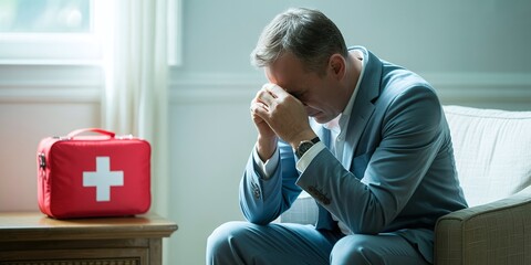 Man Sitting with Head in Hands Beside First Aid Kit