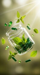 Herbal Medicine Green Capsules in Glass Jar with Fresh Leaves