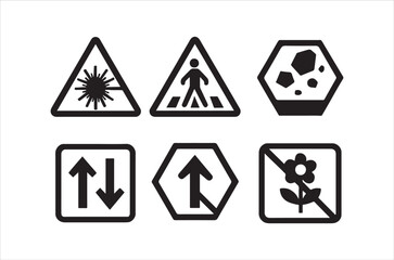 A collection of six black and white warning and prohibition road signs with distinct symbols