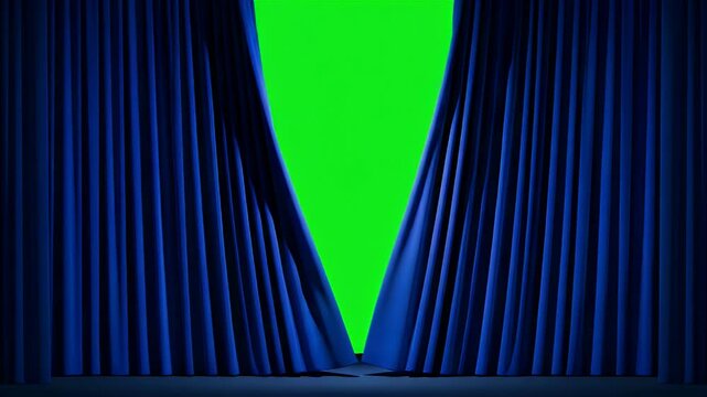 Elegant blue curtains dramatically opening to spotlight a central stage, evoking anticipation and excitement for a performance or presentation