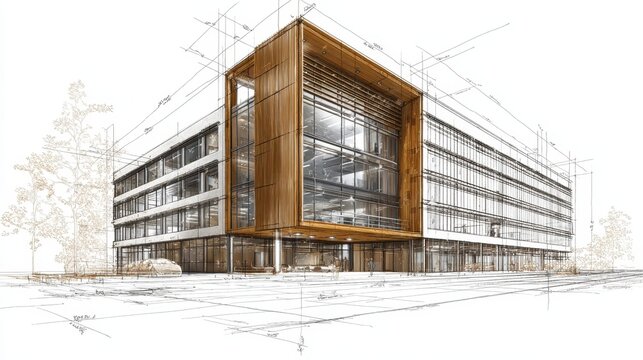 Modern building architectural sketch combining detailed rendering with hand drawn lines, illustrating commercial office design concept and innovative urban development plan