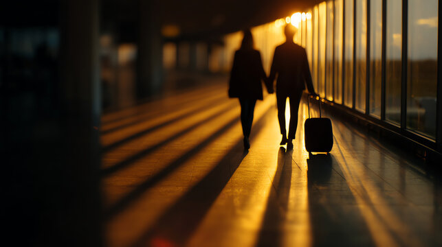 Silhouettes of two people walking hand in hand through a dimly lit corridor at sunset, with one person pulling a suitcase, casting long shadows on the floor