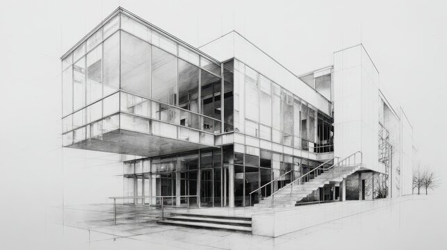 Modernist architectural building concept art. Hand drawn sketch showing a contemporary glass facade structure with clean lines and exposed concrete elements